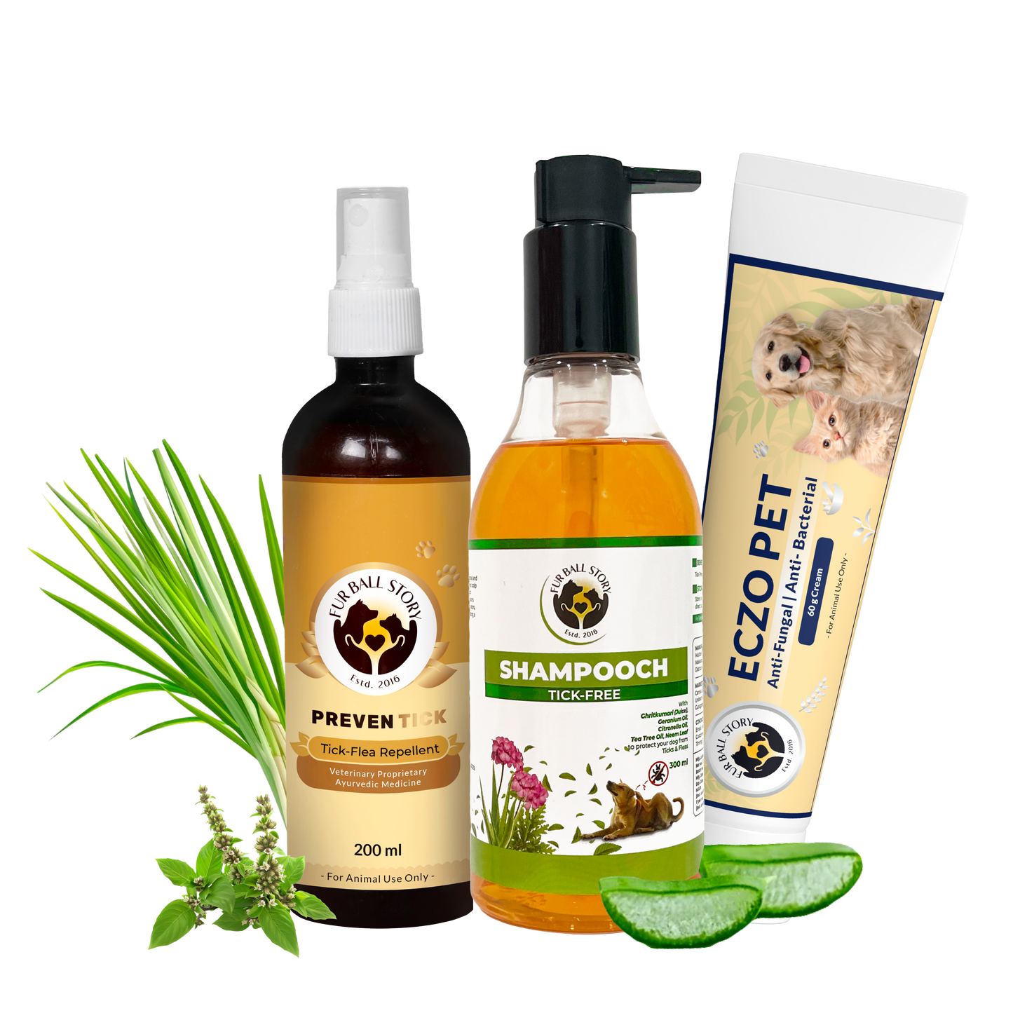 A complete pet care bundle featuring Preven Tick spray, Shampooch shampoo, and Eczo Pet cream arranged with fresh lemongrass, tulsi, and aloe vera slices on a transparent grid background.