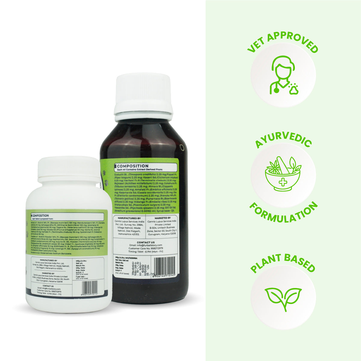 Rear view of the bottles showing full ingredient compositions and manufacturing details alongside icons for Vet Approved, Ayurvedic Formulation, and Plant Based.