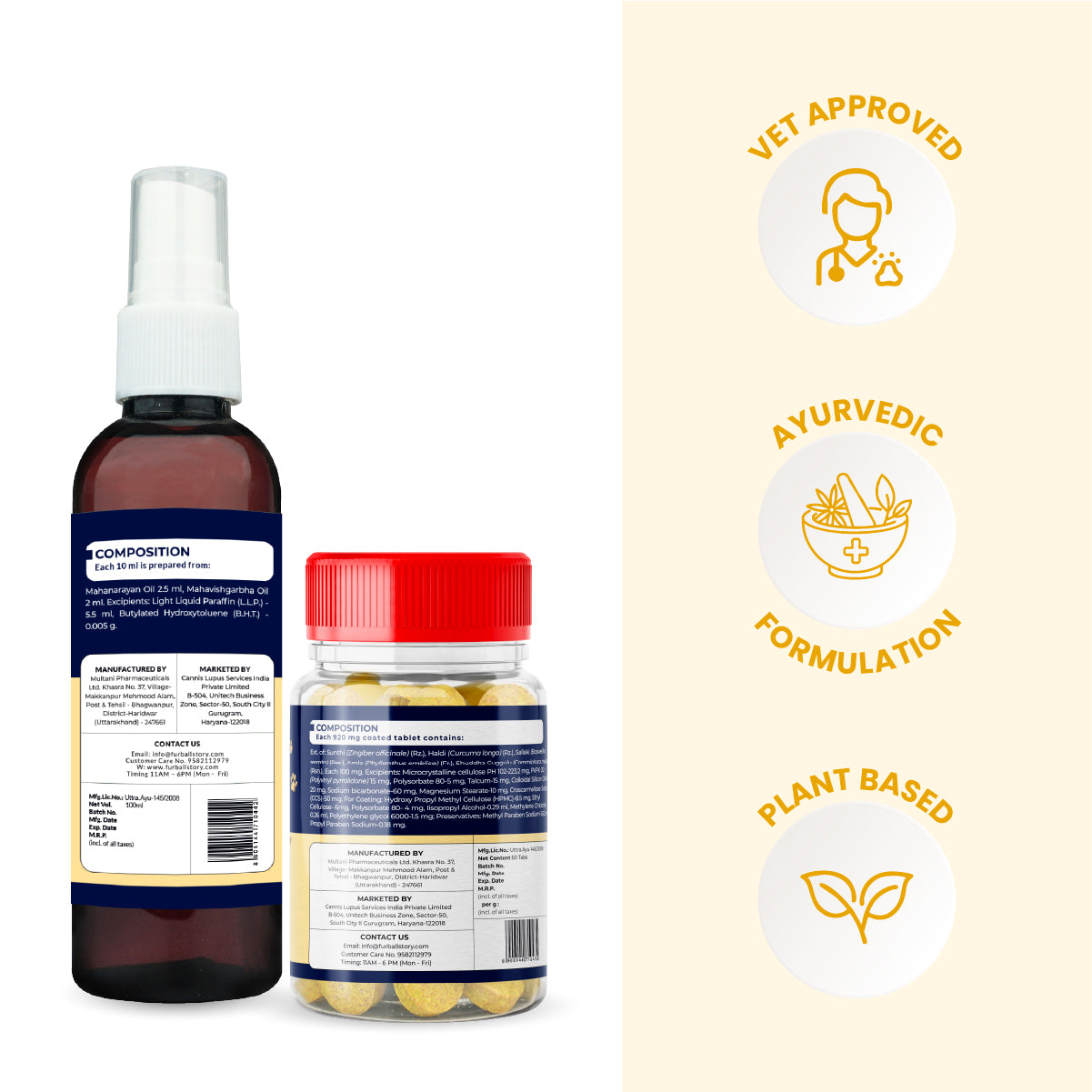 Rear view of the spray and tablet bottles showing detailed ingredient composition lists, accompanied by badges indicating Vet Approved, Ayurvedic Formulation, and Plant Based.