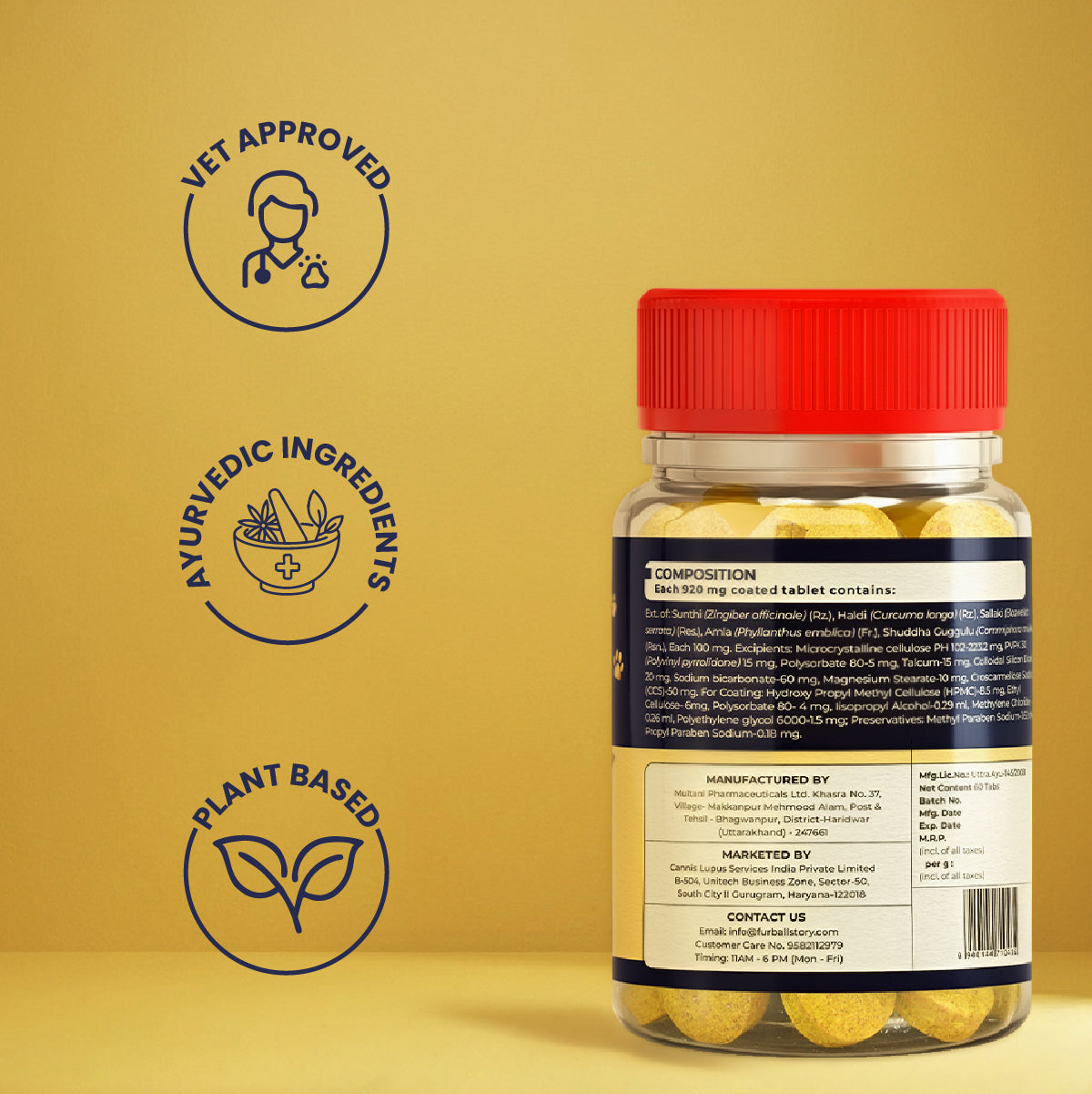 Back view of the Jump-O-Joint bottle showing the composition table and manufacturing details alongside three trust badges: "Vet Approved," "Ayurvedic Ingredients," and "Plant Based."
