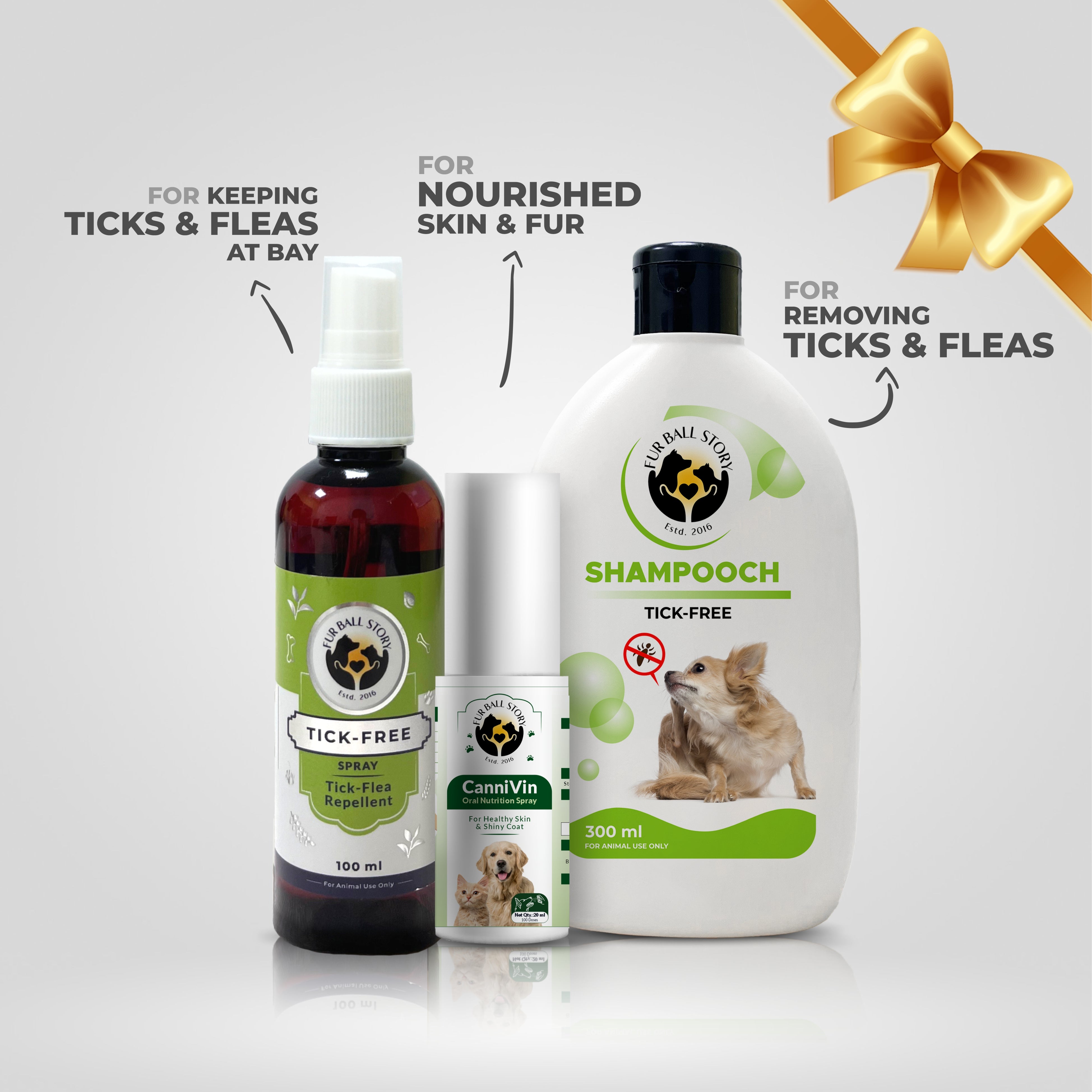 Tick shampoo, fur supplements, tick spray for dogs