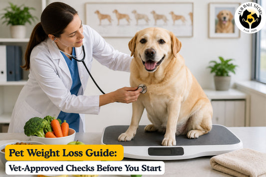 A veterinarian examining an overweight Labrador on a scale, highlighting health assessments and weight-loss planning for pets.