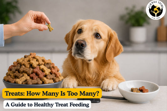 A golden retriever choosing between large and small portions of treats, illustrating balanced treat feeding and healthy reward habits for dogs.