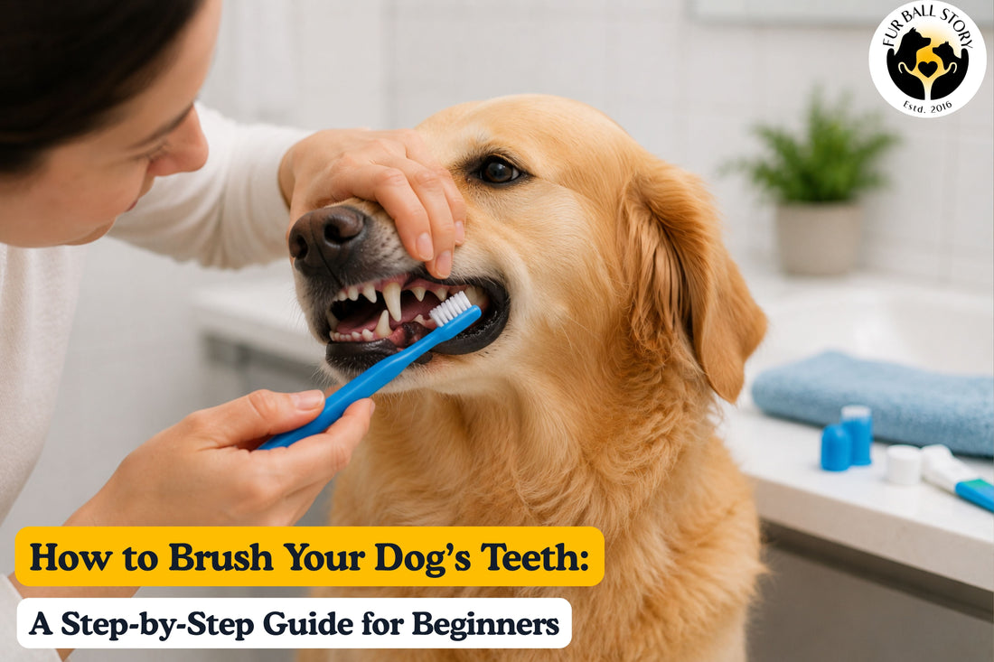 A pet parent gently brushing a dog’s teeth, demonstrating proper canine dental care and oral hygiene for beginners.