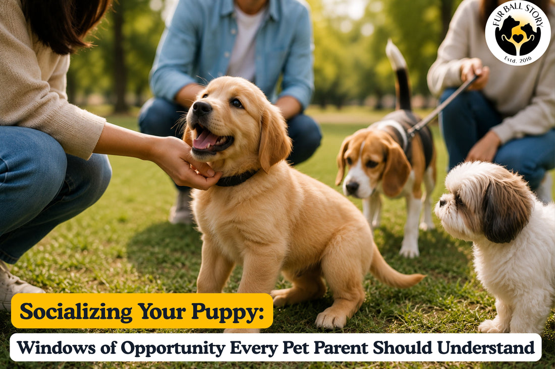 A happy puppy interacting with people and other dogs in a park, illustrating early socialization and positive learning experiences.