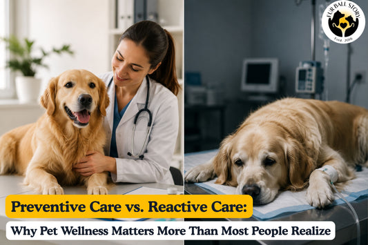A healthy dog receiving a routine wellness check contrasted with a sick dog in intensive care, highlighting the importance of preventive pet healthcare.