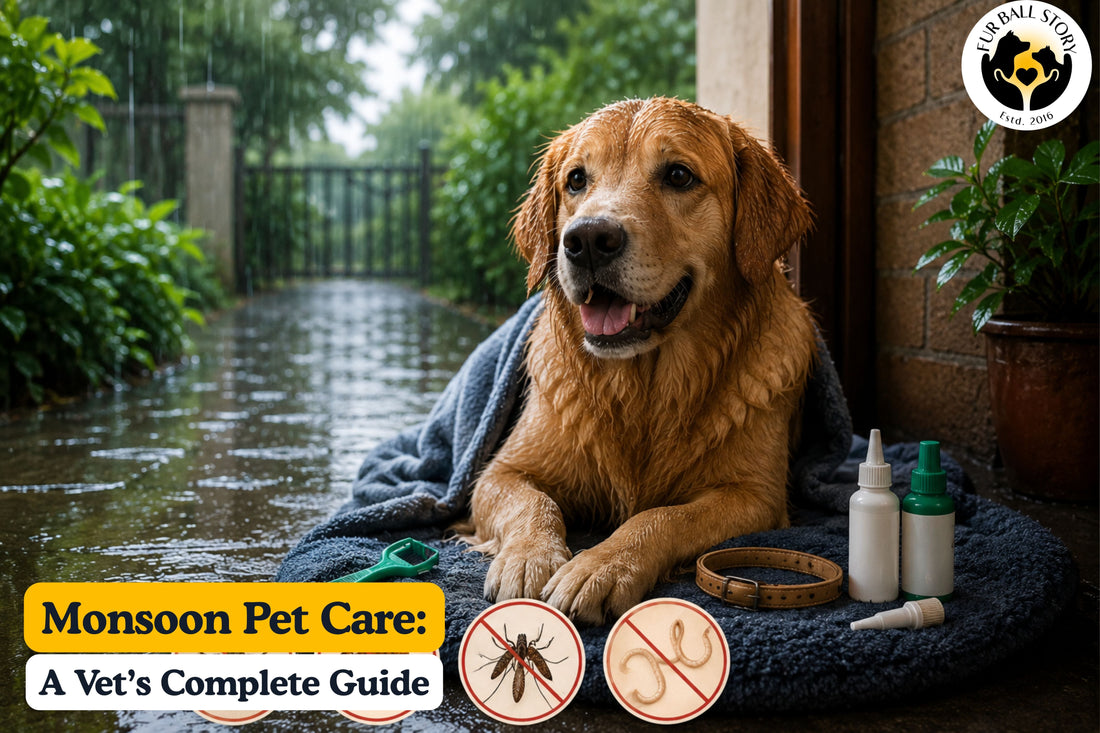 A wet dog resting during the rainy season with parasite-prevention products nearby, highlighting monsoon pet care and protection against ticks, fleas, and worms.