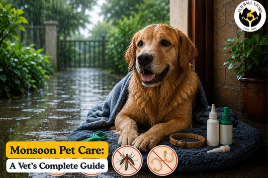 A wet dog resting during the rainy season with parasite-prevention products nearby, highlighting monsoon pet care and protection against ticks, fleas, and worms.