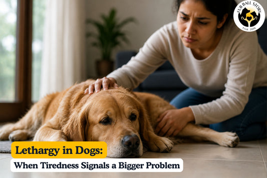 A lethargic dog lying on the floor while its concerned owner checks on it, illustrating fatigue as a potential sign of an underlying health issue.