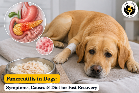 A lethargic Labrador resting beside a bland recovery meal, illustrating pancreatitis symptoms, treatment, and dietary management in dogs.