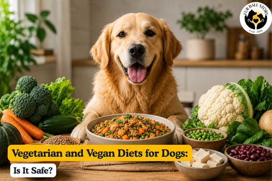 A golden retriever surrounded by plant-based ingredients and a balanced meal, representing the concept of vegetarian and vegan diets for dogs.