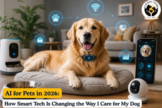 A golden retriever surrounded by smart pet devices and AI-powered monitoring tools, showcasing the future of technology-driven pet care.
