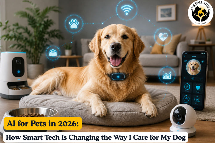 A golden retriever surrounded by smart pet devices and AI-powered monitoring tools, showcasing the future of technology-driven pet care.