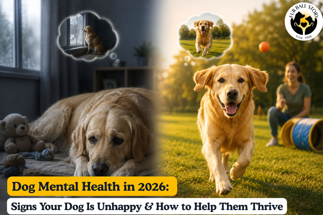 A dog transitioning from sadness and isolation to happiness and play, illustrating the importance of mental health, enrichment, and emotional well-being in dogs.