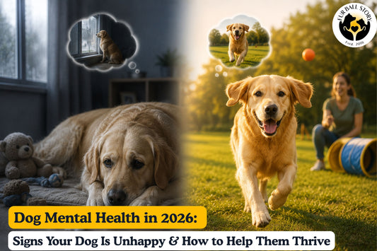 A dog transitioning from sadness and isolation to happiness and play, illustrating the importance of mental health, enrichment, and emotional well-being in dogs.
