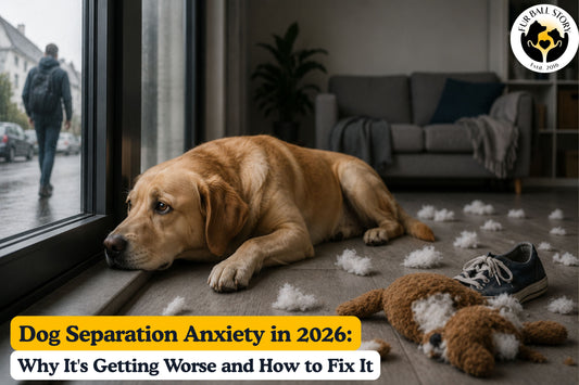 A lonely dog watching its owner leave through a window, illustrating separation anxiety, stress, and emotional distress in dogs.