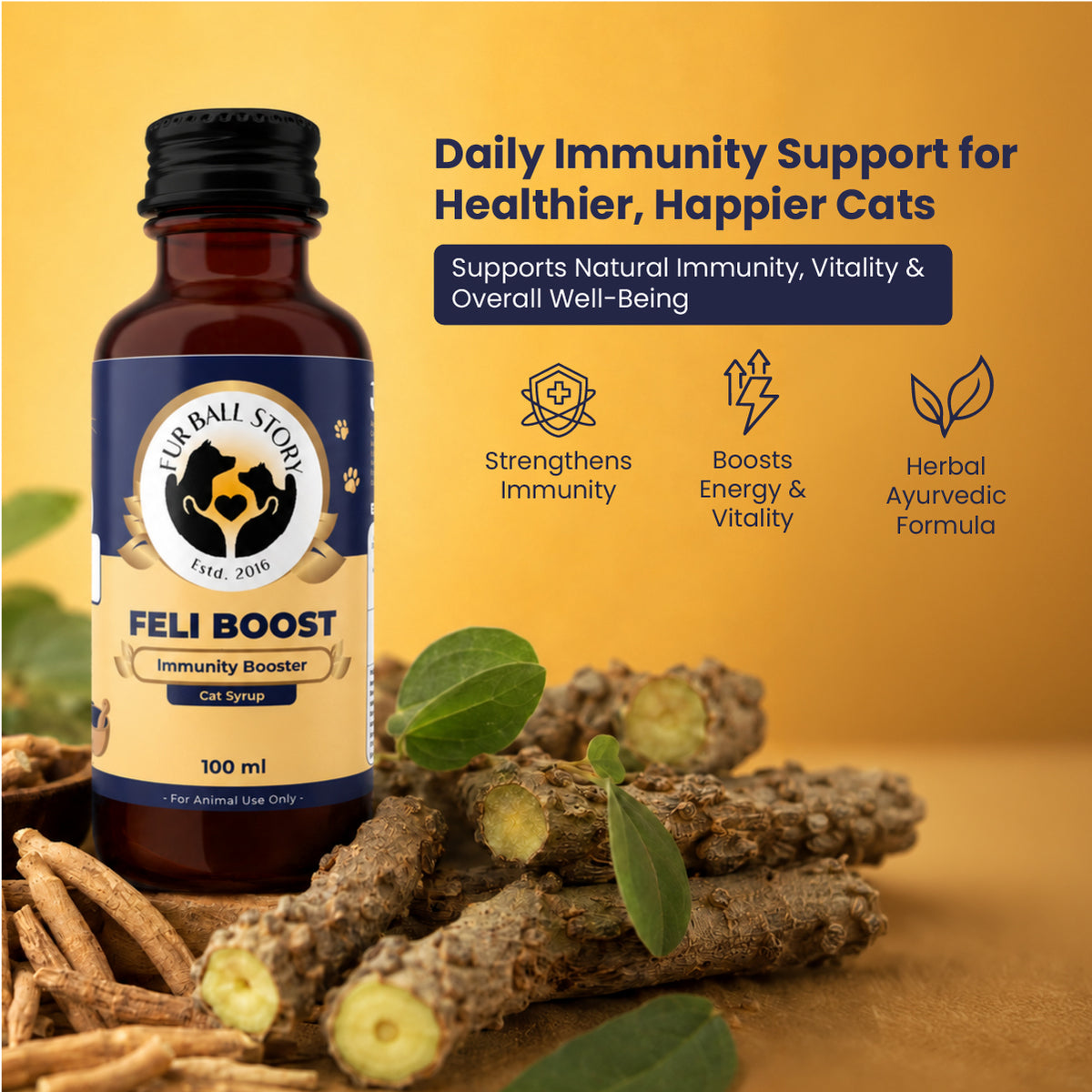 Fur Ball Story Feli Boost Ayurvedic immunity booster for cats supporting stronger immunity, energy, vitality, and overall health