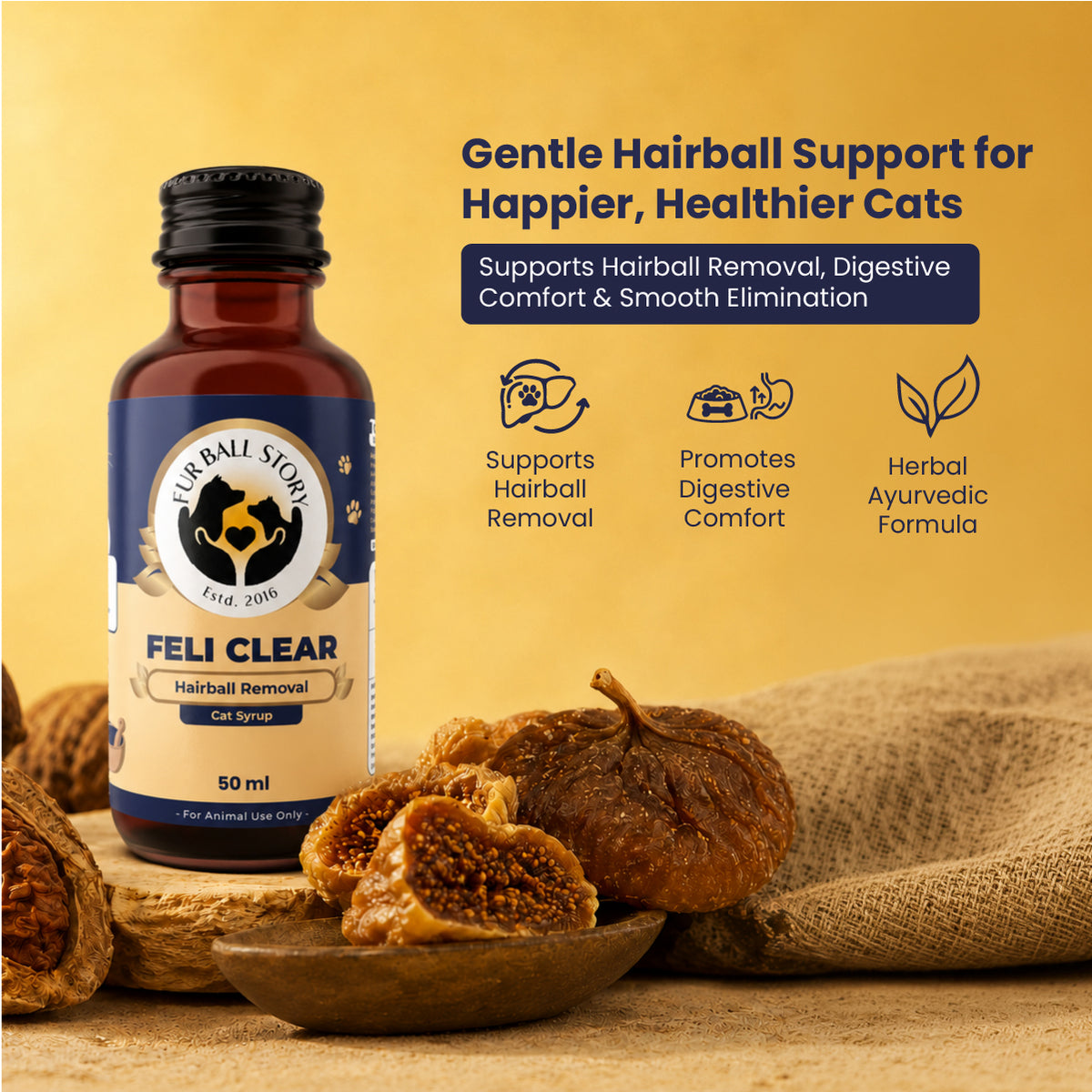 Fur Ball Story Feli Clear supports gentle hairball removal, digestive comfort, and healthy digestion in cats with Ayurvedic ingredients