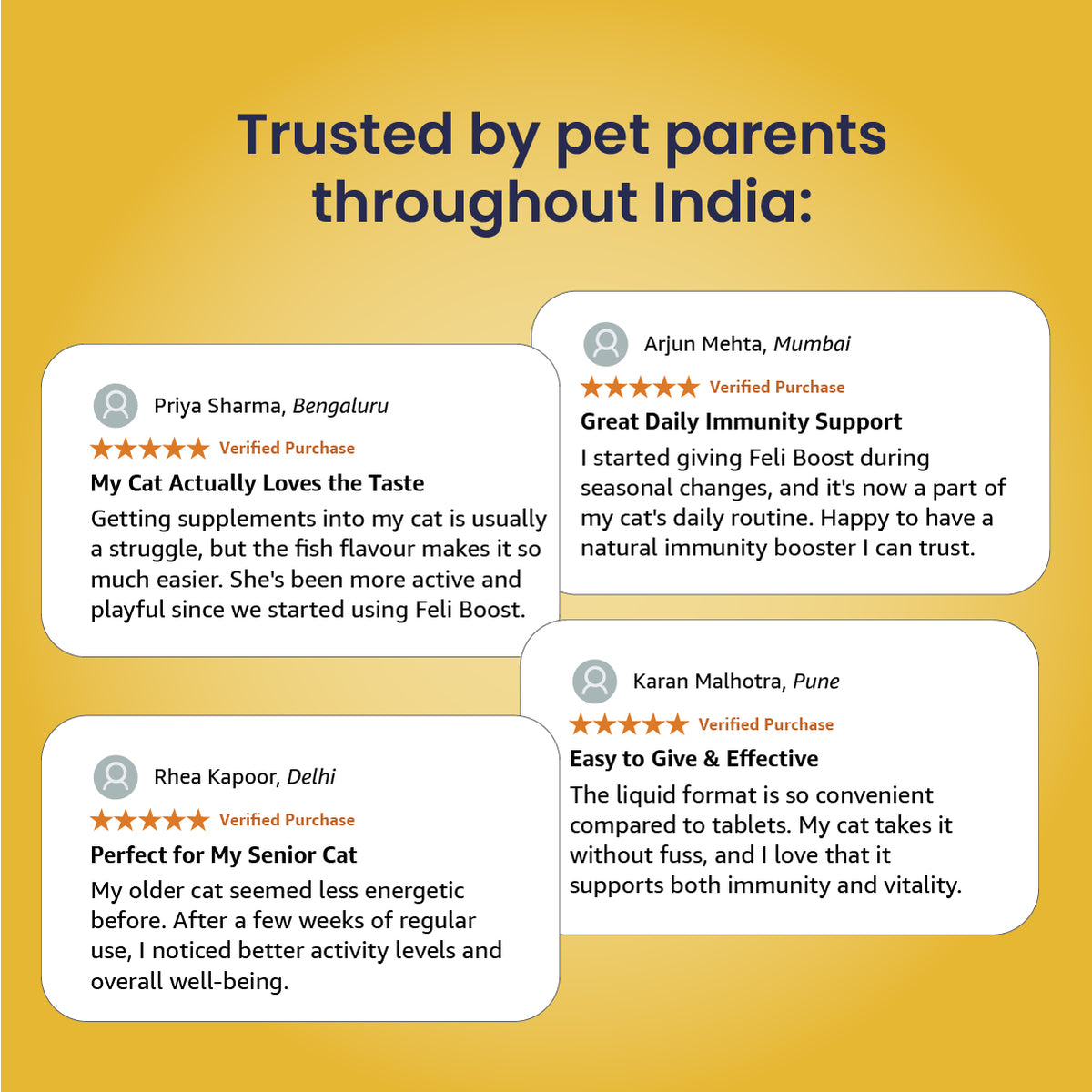 Customer reviews for Fur Ball Story Feli Boost cat immunity booster highlighting improved immunity, energy, and overall well-being