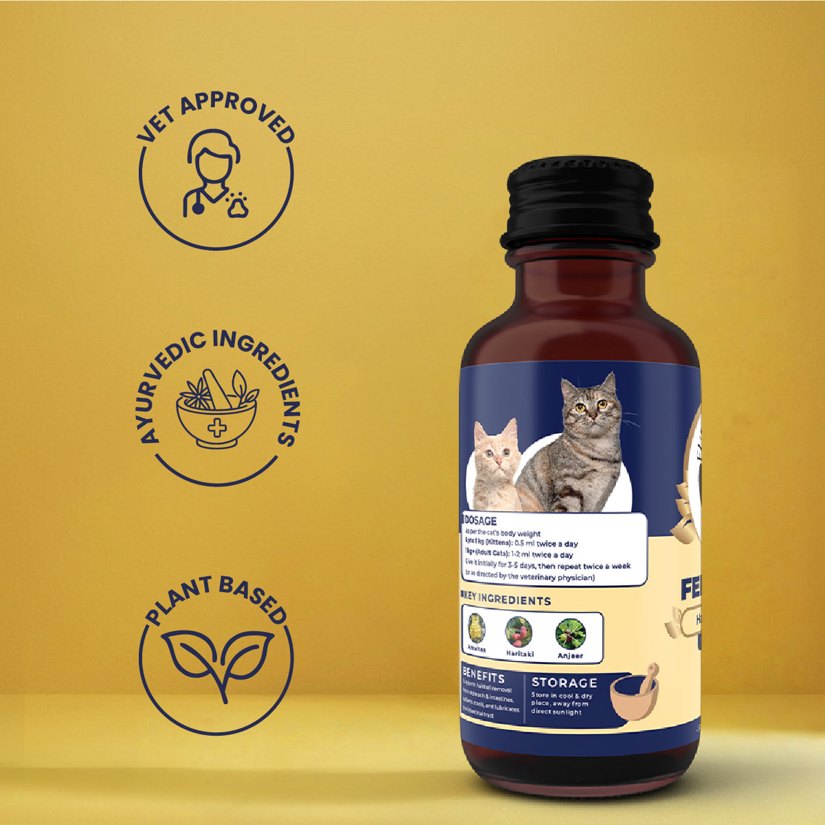 Back view of Fur Ball Story Feli Boost Cat Immunity Booster Syrup featuring vet-approved, plant-based Ayurvedic ingredients for daily immune support