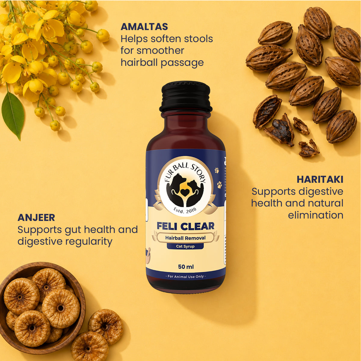 Fur Ball Story Feli Clear hairball support for cats with Anjeer, Haritaki, and Amaltas to support digestion and natural hairball removal