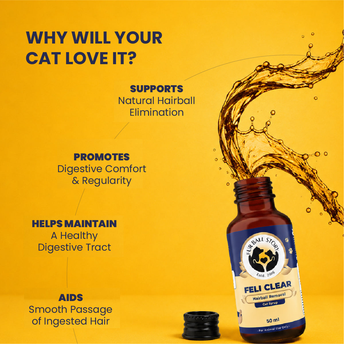 Benefits of Fur Ball Story Feli Clear for cats supporting natural hairball elimination, digestive health, and smooth intestinal function