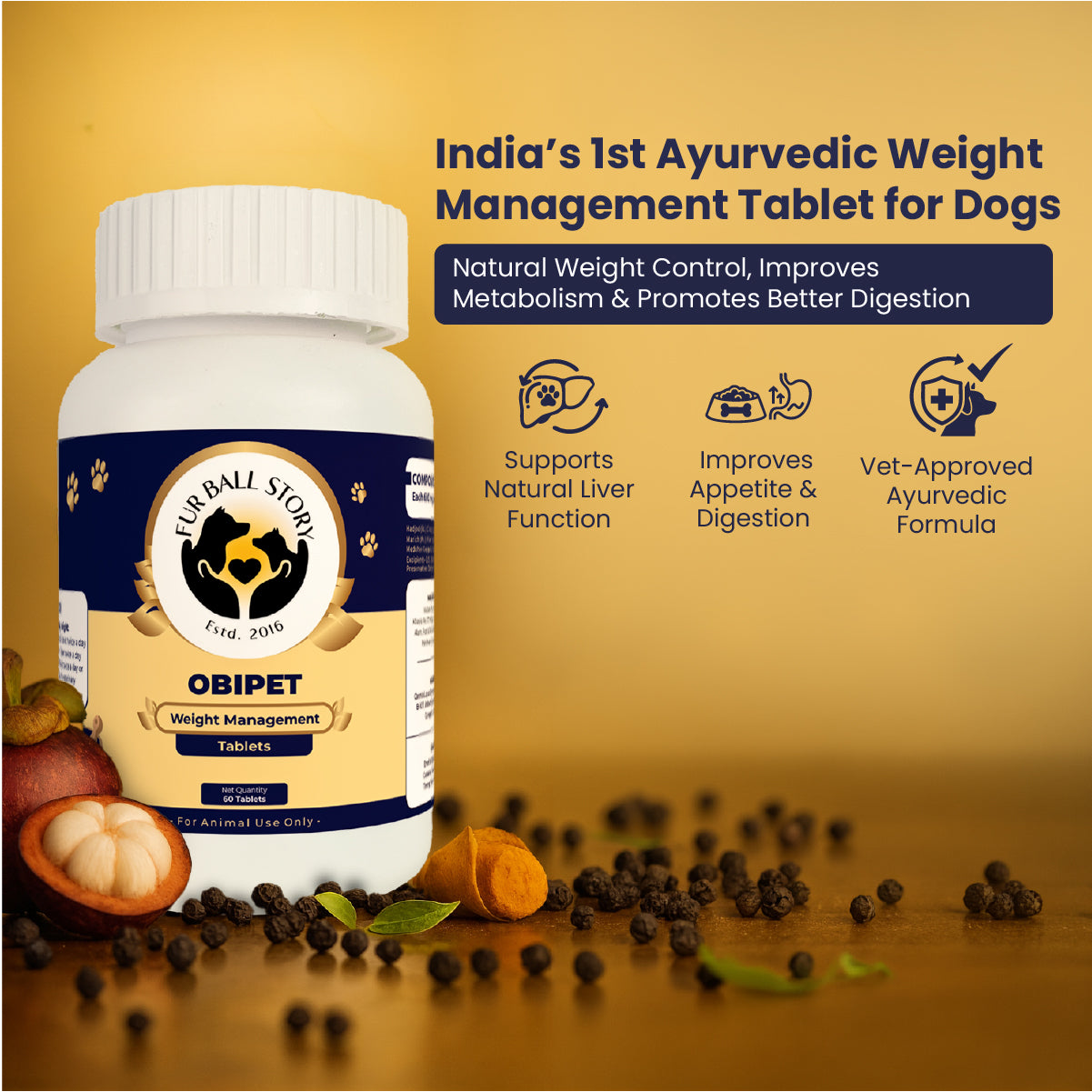 Obipet: Ayurvedic Weight Management Tablets for Dogs – 60 Tabs