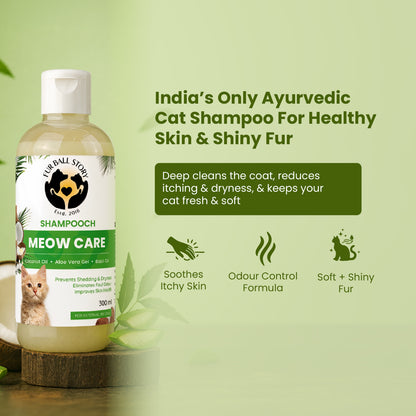 Promotional image highlighting India’s only Ayurvedic cat shampoo, emphasizing benefits like soothing itchy skin, odor control, and soft fur.