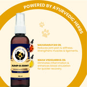 Graphic highlighting the Ayurvedic ingredients Mahanarayan Oil and Maha Vishgarbha Oil alongside a bottle of Jump-O-Joint spray.