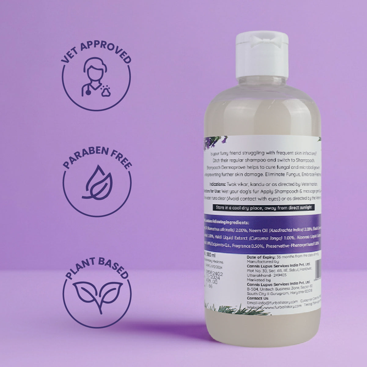 Back view of the Dermaprove shampoo bottle showing instructions and ingredients, alongside icons for "Vet Approved", "Paraben Free", and "Plant Based".