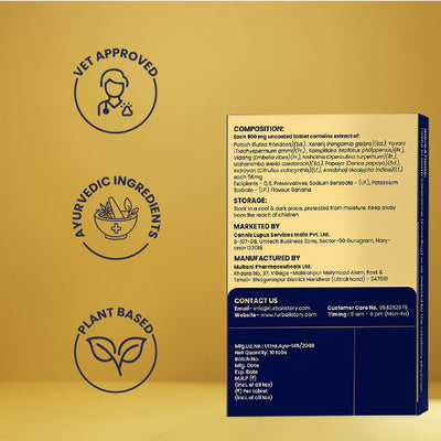 Back view of the product box detailing the full Ayurvedic composition, storage instructions, manufacturing data, and plant-based, vet-approved trust badges.