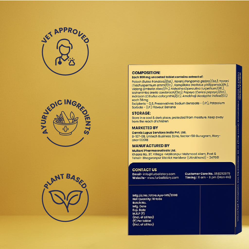 Back view of the product box detailing the full Ayurvedic composition, storage instructions, manufacturing data, and plant-based, vet-approved trust badges.