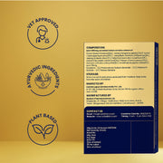 Back view of the product box detailing the full Ayurvedic composition, storage instructions, manufacturing data, and plant-based, vet-approved trust badges.