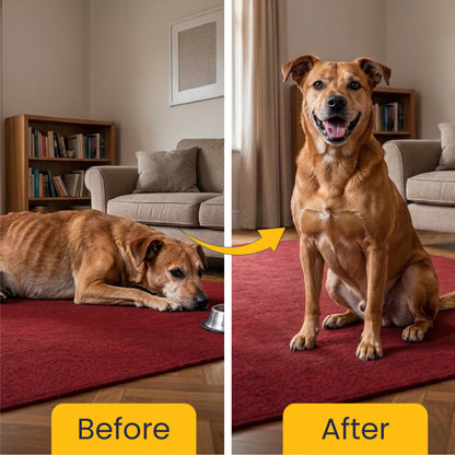 Before and after photos of a dog, showing a lethargic, thin dog on the left and a happy, healthy, well-conditioned dog on the right.