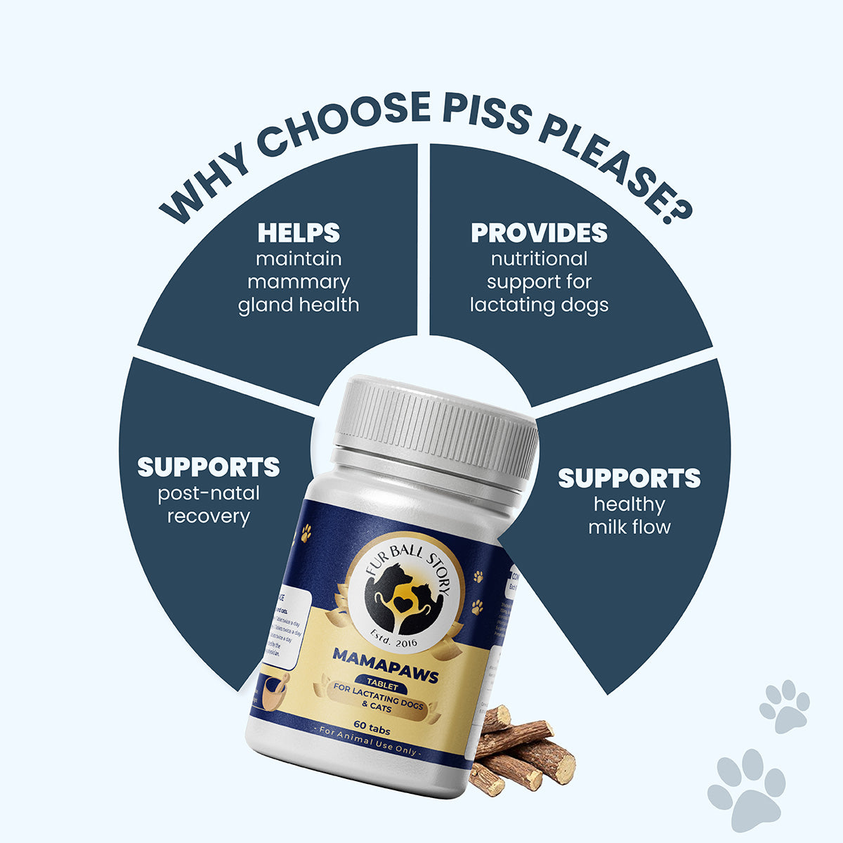 A conceptual diagram showcasing four key benefits: mammary gland health, nutritional support, healthy milk flow, and post-natal recovery, centered around the MamaPaws supplement bottle.
