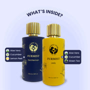 A visual ingredient map showing the Furmist bottle surrounded by Aloe Vera, Cucumber, and Jasmine. Descriptive text explains how these plant extracts provide hydration, cooling effects, and a natural, crisp floral fragrance.