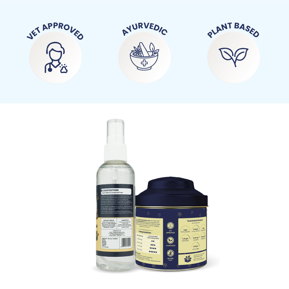 A clean infographic displaying the "three pillars" of the brand—Vet Approved, Ayurvedic, and Plant-Based—positioned above the product duo to emphasize a clinical yet natural approach to pet wellness.