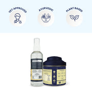 A clean infographic displaying the "three pillars" of the brand—Vet Approved, Ayurvedic, and Plant-Based—positioned above the product duo to emphasize a clinical yet natural approach to pet wellness.
