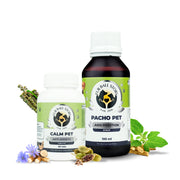 Front view of Fur Ball Story's Calm Pet anti-anxiety tablets and Pacho Pet digestion syrup bottles surrounded by natural herbal ingredients.