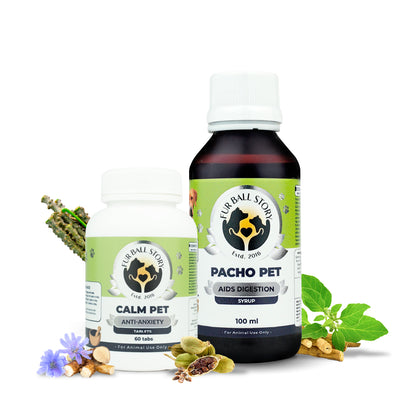 Front view of Fur Ball Story's Calm Pet anti-anxiety tablets and Pacho Pet digestion syrup bottles surrounded by natural herbal ingredients.