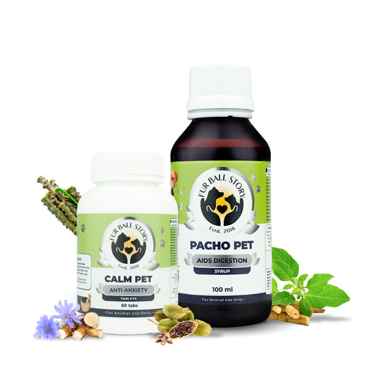 Front view of Fur Ball Story's Calm Pet anti-anxiety tablets and Pacho Pet digestion syrup bottles surrounded by natural herbal ingredients.