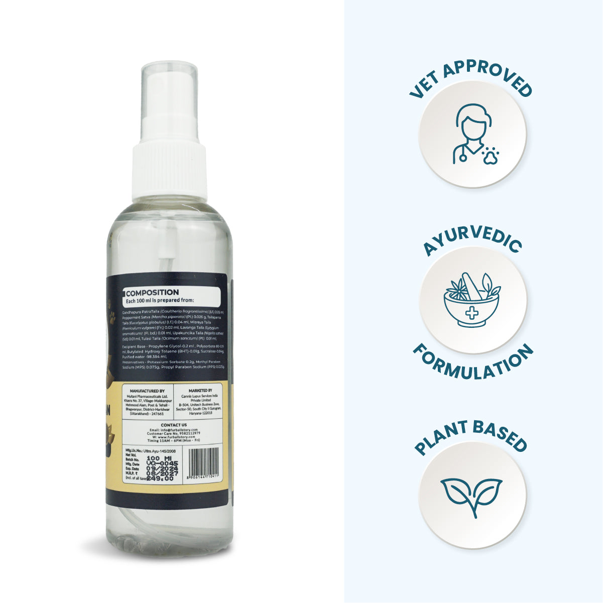 Rear view of the Canni Clean bottle showing composition details alongside icons for Vet Approved, Ayurvedic Formulation, and Plant Based.