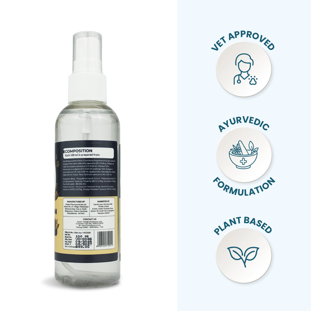 Rear view of the Canni Clean bottle showing composition details alongside icons for Vet Approved, Ayurvedic Formulation, and Plant Based.