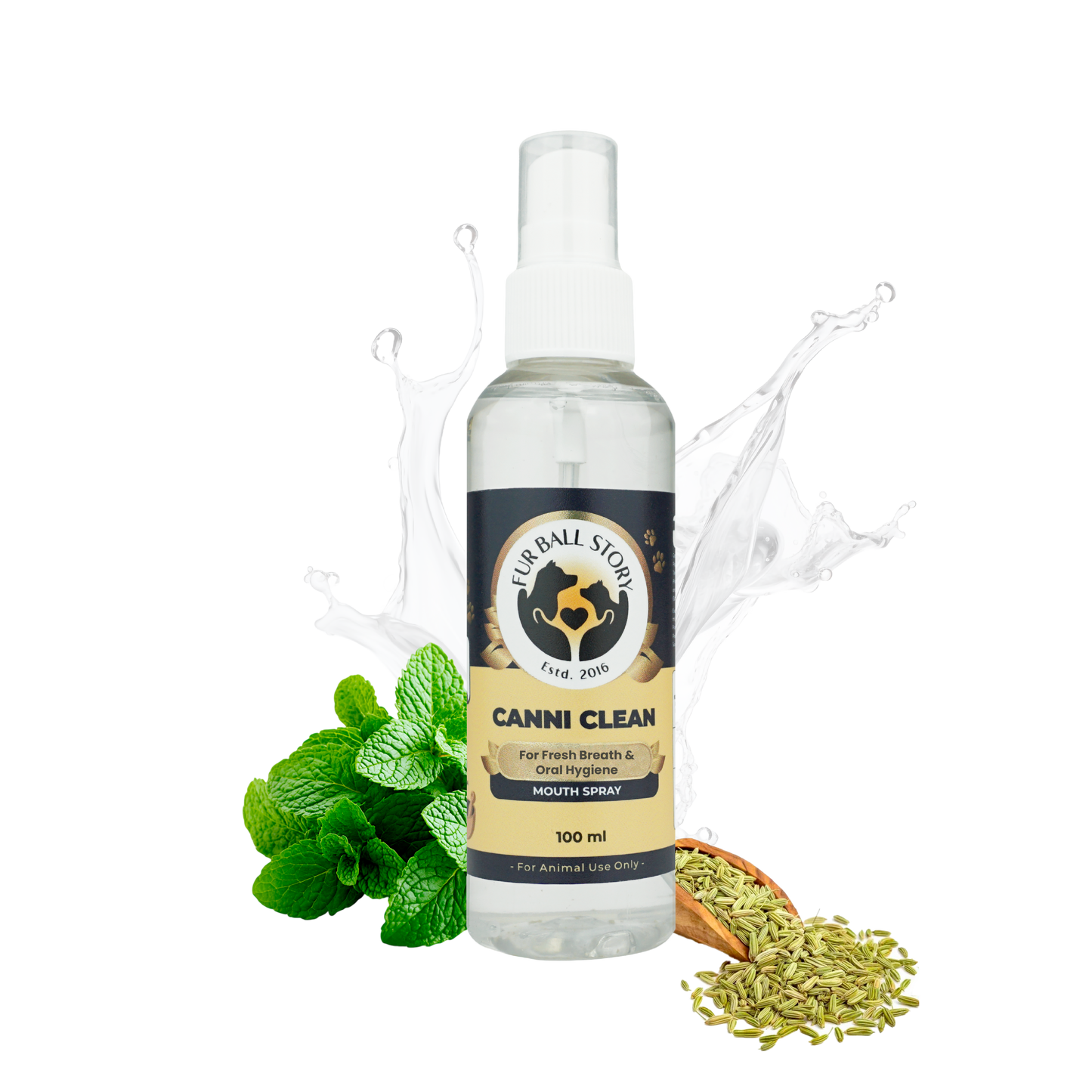 Isolated Canni Clean pet mouth spray bottle with mint leaves, fennel seeds, and a water splash on a checkered background.