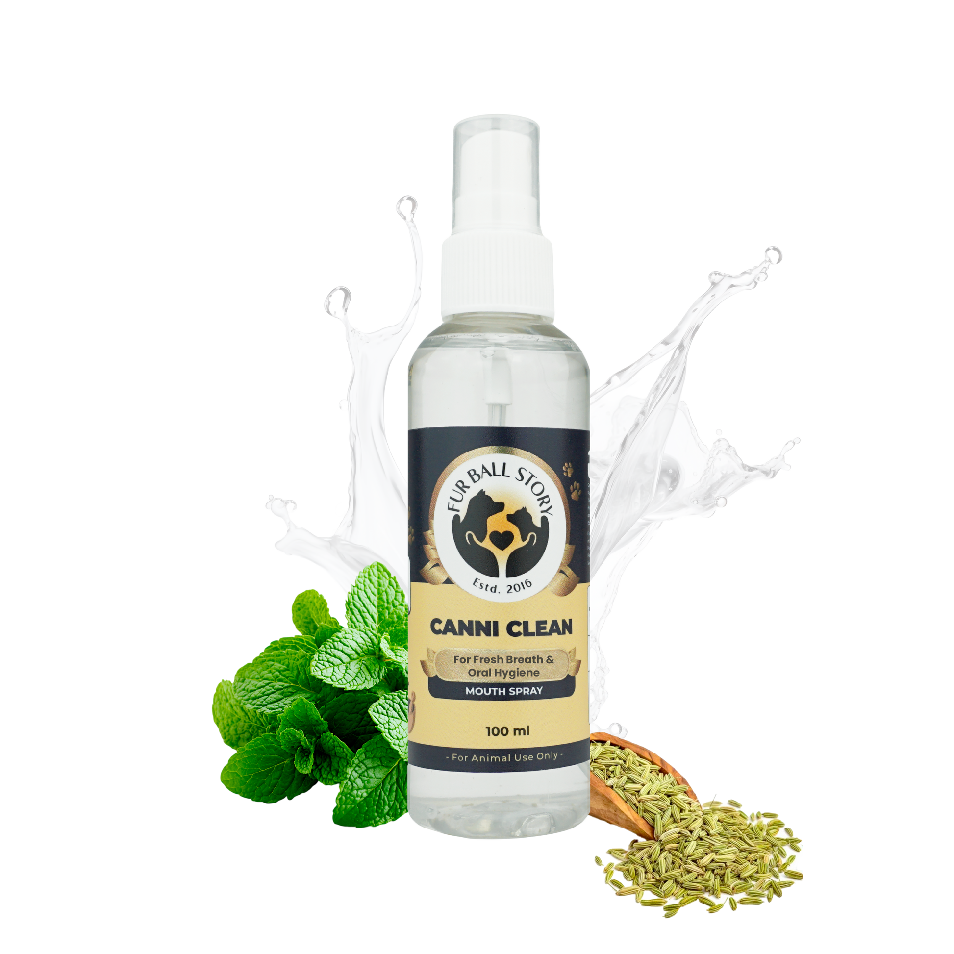 Isolated Canni Clean pet mouth spray bottle with mint leaves, fennel seeds, and a water splash on a checkered background.