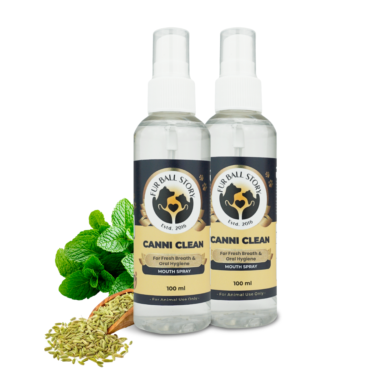 Two bottles of Canni Clean pet mouth spray standing side-by-side next to fresh mint leaves and a scoop of fennel seeds on a dark grey checkered background.