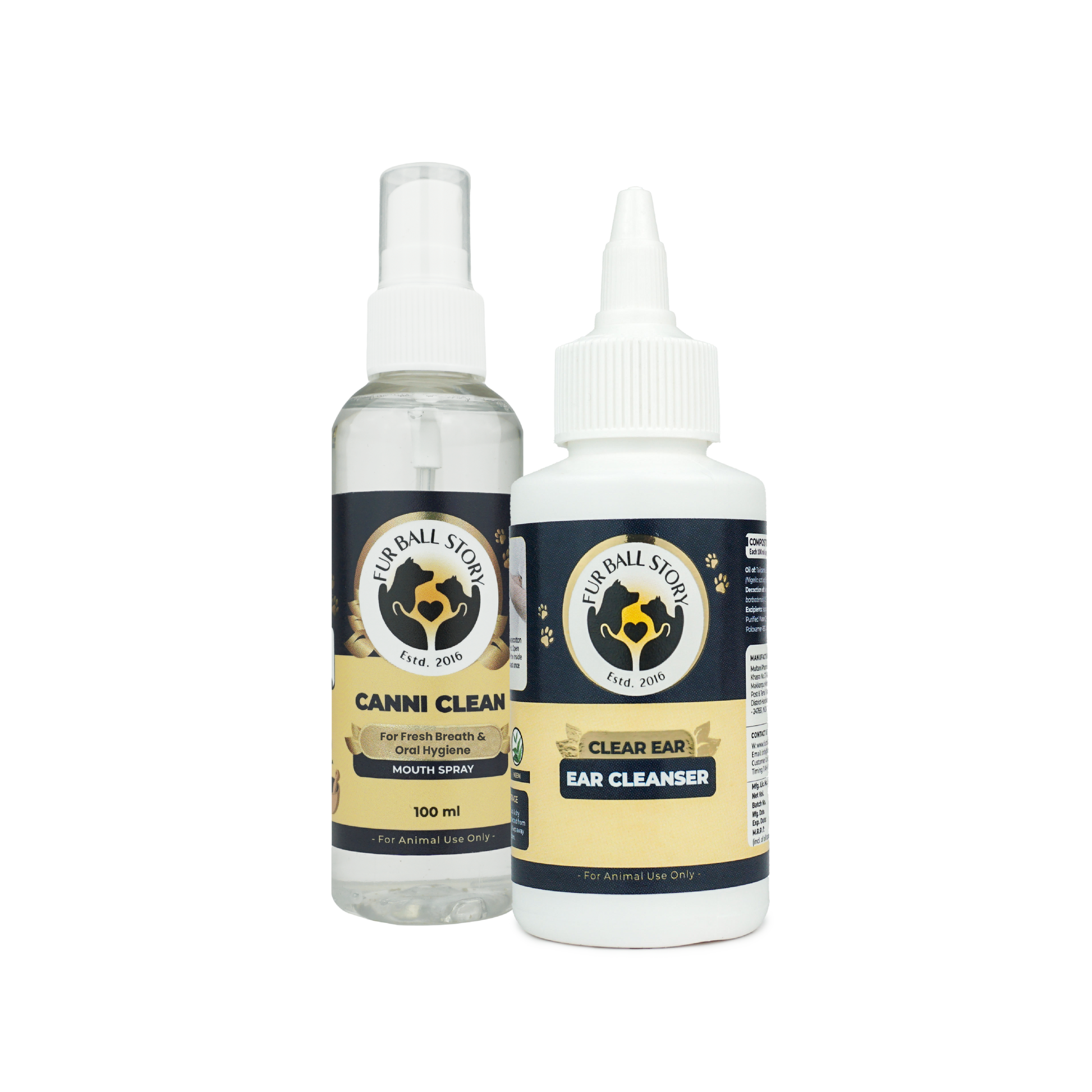 Fur Ball Story Canni Clean mouth spray and Clear Ear Cleanser bottles side by side on a transparent background.