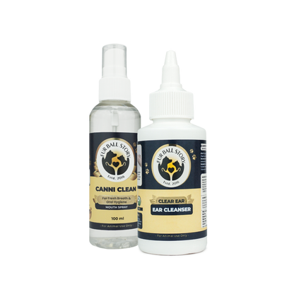 Fur Ball Story Canni Clean mouth spray and Clear Ear Cleanser bottles side by side on a transparent background.