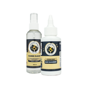 Fur Ball Story Canni Clean mouth spray and Clear Ear Cleanser bottles side by side on a transparent background.