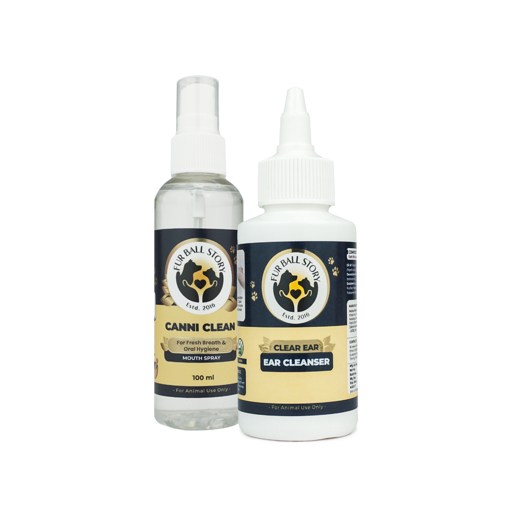 Fur Ball Story pet care duo featuring Canni Clean mouth spray and Clear Ear cleanser bottles on a dark grey checkered background